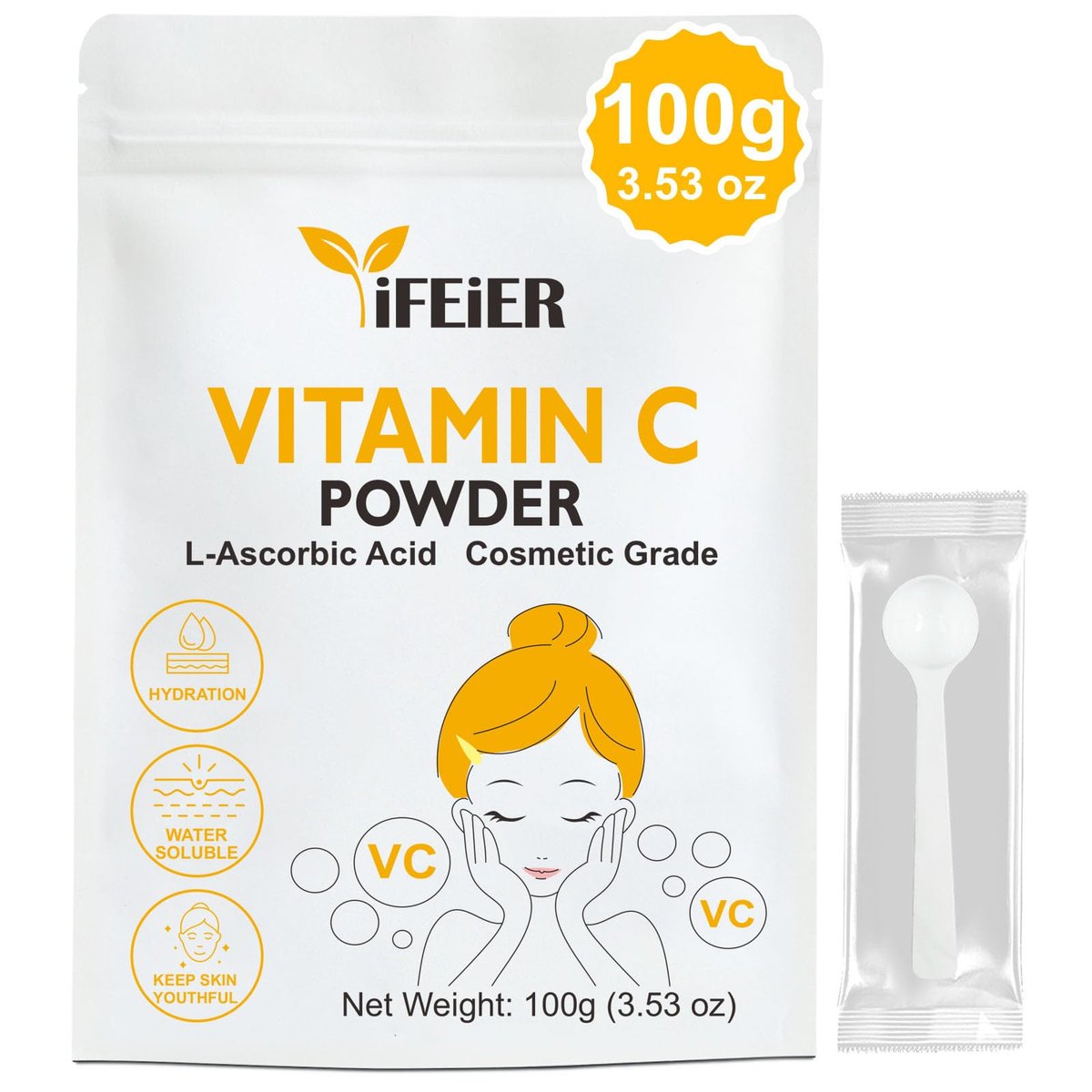iFEiER Vitamin C Pulver für das Gesicht | 100 g (3,53 oz) Kosmetische Qualität Reines Vitamin C Serum Pulver für die Haut | L-Ascorbinsäure VC Pulver für DIY Serum, Cremes | VC für Gesichtshaut
