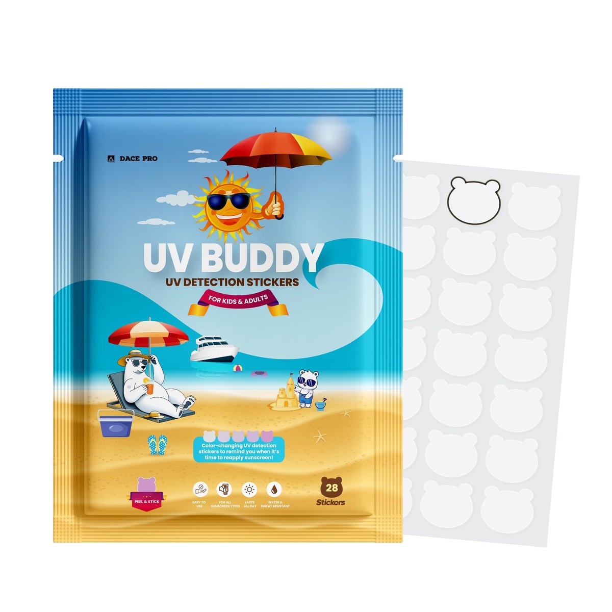UV Buddy 28er Pack Bärenförmige UV-Erkennungsaufkleber für Sonnenschutz – Lustige, kinderfreundliche Sonnenschutz-Erinnerung für Eltern und Erwachsene | Wasserfeste UV-Patches und Sonnenblocker-Aufkleber zum erneuten Auftragen