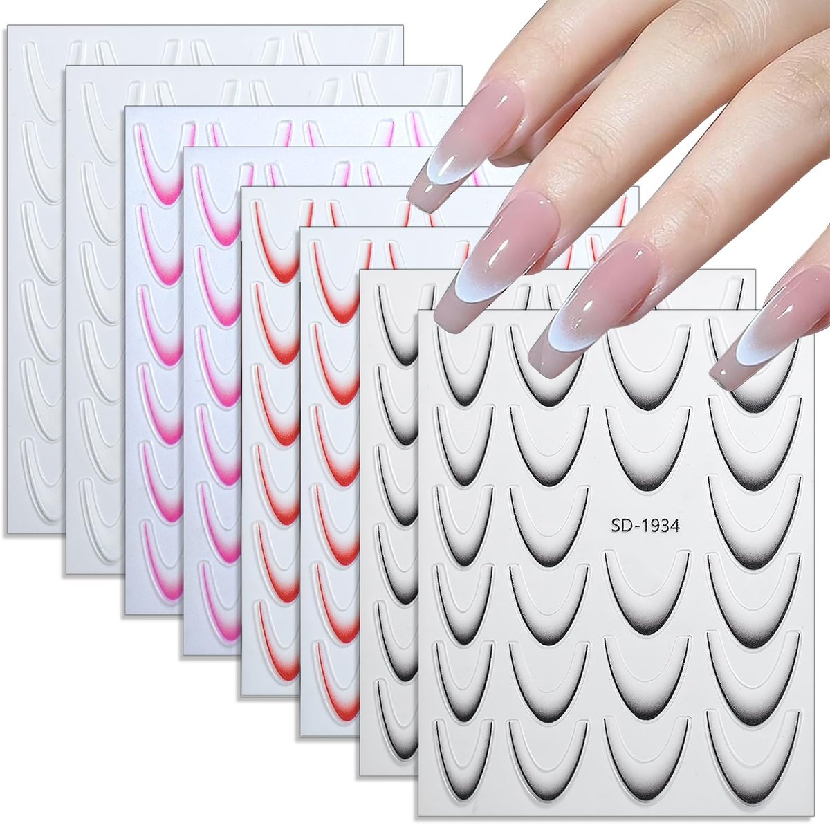 Jremg 3D French Tip Nail Stickers Kit - Wiederverwendbare selbstklebende Nagelkunst-Aufkleber mit geometrischen Mustern, DIY-Maniküre-Designs für Frauen, 10 Blätter, einfaches Auftragen in Salonqualität