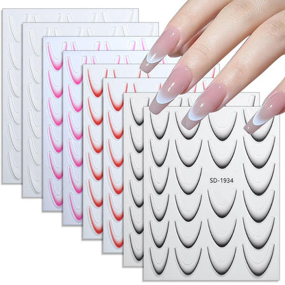 Jremg 3D French Tip Nail Stickers Kit - Wiederverwendbare selbstklebende Nagelkunst-Aufkleber mit geometrischen Mustern, DIY-Maniküre-Designs für Frauen, 10 Blätter, einfaches Auftragen in Salonqualität