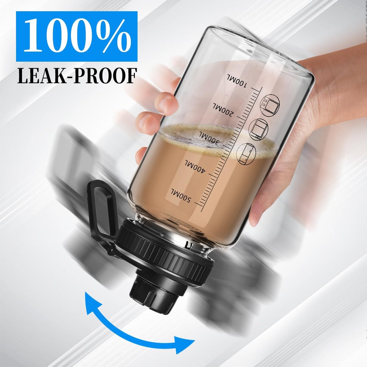BNCWCQZ Glas-Shakerflasche 22oz – BPA-freie, geruchslose Shakerflasche mit 304 Edelstahlkugel und abnehmbarer Reinigungsbürste für Fitness-Proteinshakes (1er-Pack)