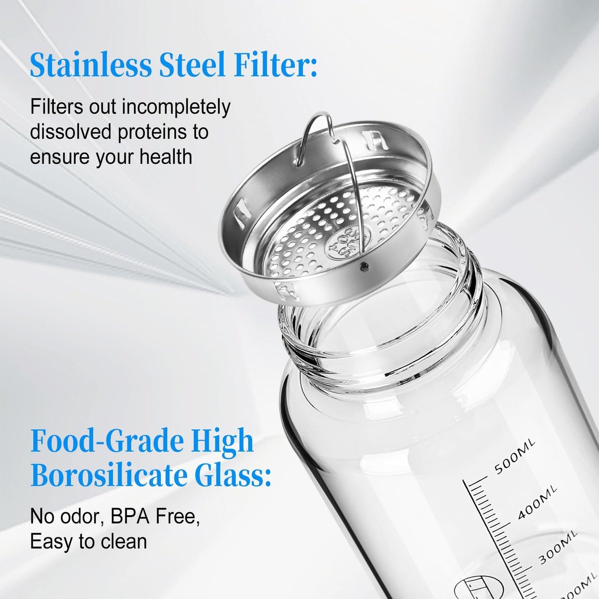 BNCWCQZ Glas-Shakerflasche 22oz – BPA-freie, geruchslose Shakerflasche mit 304 Edelstahlkugel und abnehmbarer Reinigungsbürste für Fitness-Proteinshakes (1er-Pack)