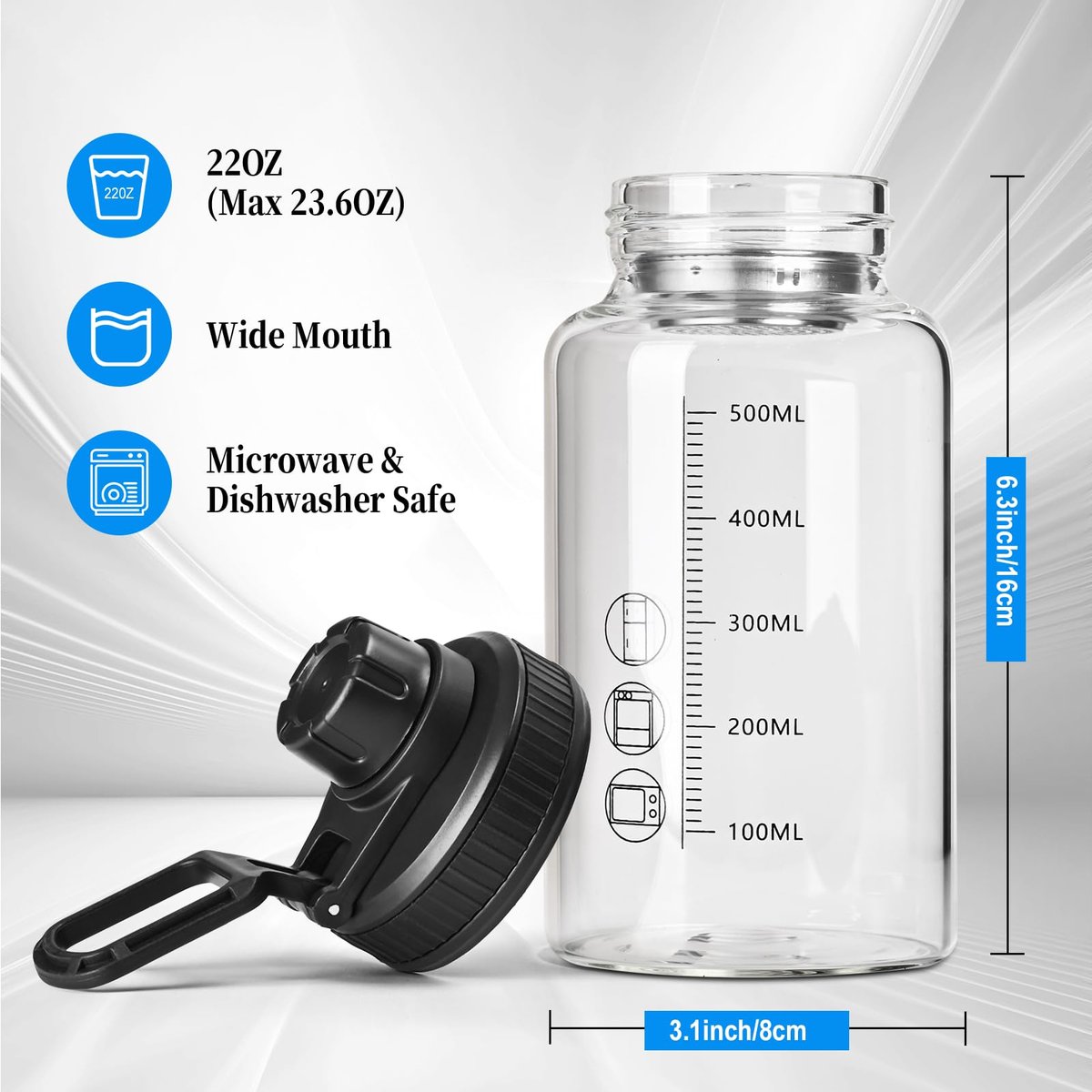 BNCWCQZ Glas-Shakerflasche 22oz – BPA-freie, geruchslose Shakerflasche mit 304 Edelstahlkugel und abnehmbarer Reinigungsbürste für Fitness-Proteinshakes (1er-Pack)