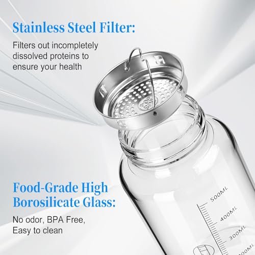 BNCWCQZ Glas-Shakerflasche 22oz – BPA-freie, geruchslose Shakerflasche mit 304 Edelstahlkugel und abnehmbarer Reinigungsbürste für Fitness-Proteinshakes (1er-Pack)