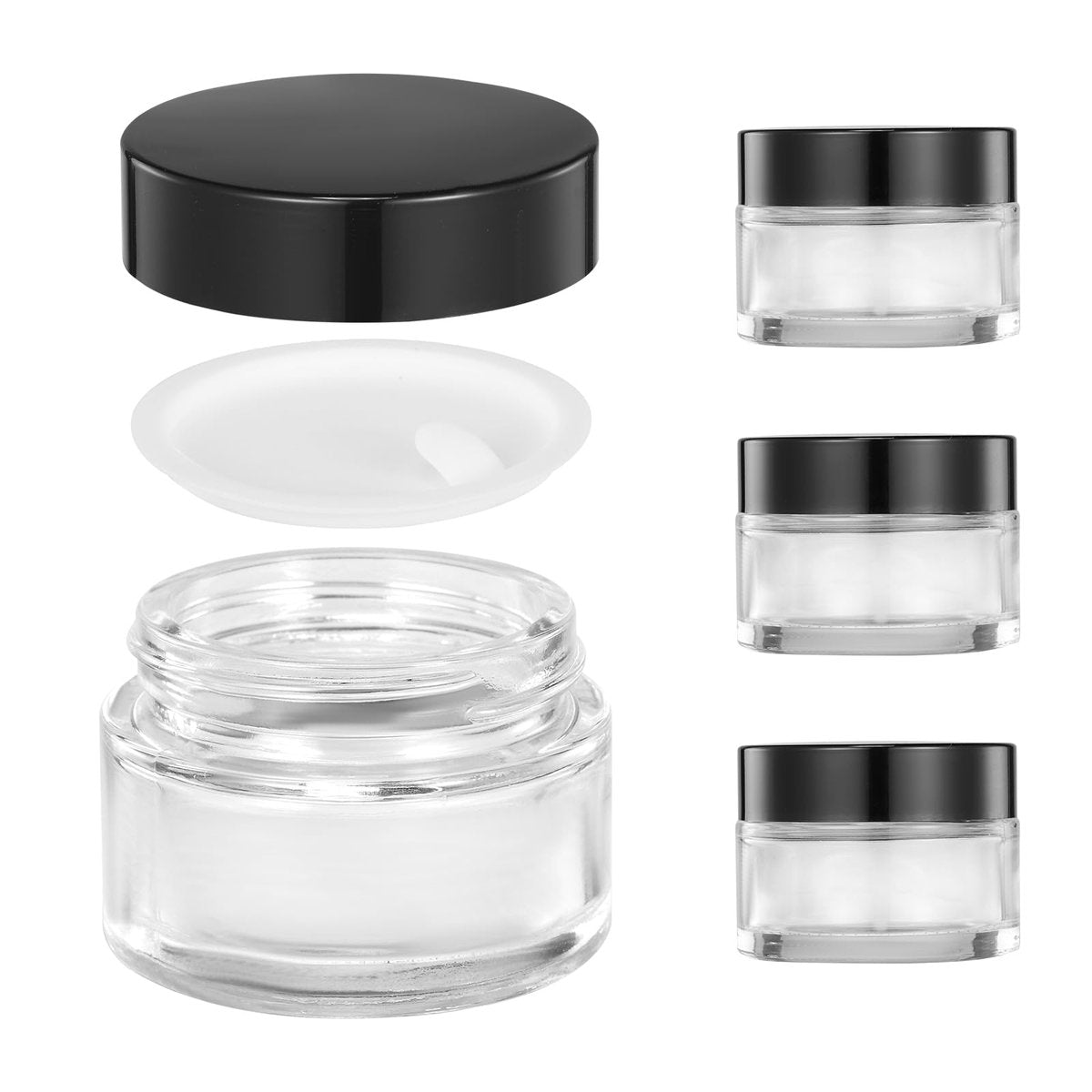 ZIYIZE 4er-Pack klare kleine Glasflaschen mit Deckel und Inneneinlagen, 30 ml wiederverwendbare kleine Glasbehälter für Cremes, Lotion, Kosmetik, Gewürze, Pulver