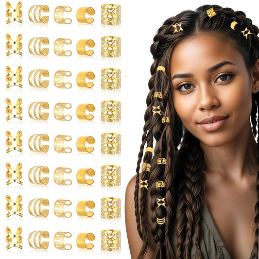 40 Stück Goldene Haarreifen Charms Ringe für Zöpfe, Goldener Haarschmuck, Verstellbarer Loc-Schmuck, Dreadlocks Zopfklammern Dekorationen für schwarze Frauen Männer Festival Piraten Halloween