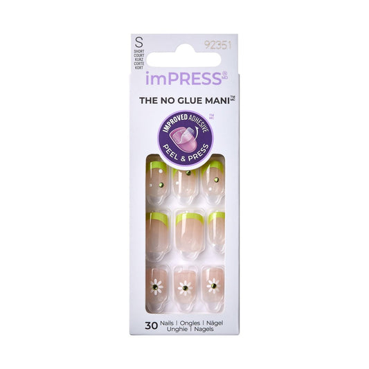 KISS Impress No Glue Mani 30 Stk Press-on-Nägel, Grüne French-Spitze mit Blumenmuster, Squoval-Form, Einfach Aufkleben & Auftragen, Rückstandslos Entfernbar, Inkl. Werkzeug
