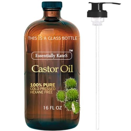 Essentially KateS Rizinusöl 473 ml (Glasflasche) - Original - Große Glasflasche mit Pumpe - 100% rein und natürlich, kaltgepresst und hexanfrei - Für Haare und Körper