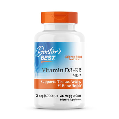 Doctor's Best Vitamin D3 & K2 Supplement - 5000 IU D3 + MK-7 K2, 60 Kapseln - Knochengesundheit, glutenfrei, nicht-GVO, vegetarisch