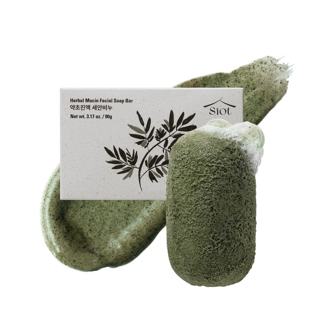 SIOT Herbal Mucin Gesichtsseife | Feuchtigkeitsspendend & Beruhigend mit Kokosöl, Jojobaöl, Olivenöl, Grüntee und Beifuß – Handgefertigter Reiniger für Akne & empfindliche Haut | 3,2 oz (1 Stück)