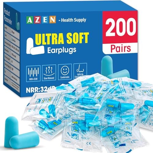 AZEN 200 Paar Ohrstöpsel, NRR 32dB weiche Schaumstoff-Ohrstöpsel für Schlaf, Lärmunterdrückung, Konzerte, Schießen, Schwimmen, Geräuschreduzierung, einzeln verpackt (Seeblau)