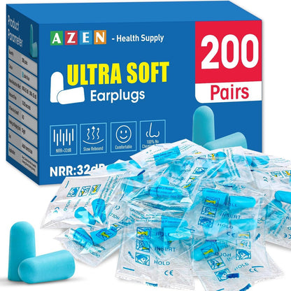 AZEN 200 Paar Ohrstöpsel, NRR 32dB weiche Schaumstoff-Ohrstöpsel für Schlaf, Lärmunterdrückung, Konzerte, Schießen, Schwimmen, Geräuschreduzierung, einzeln verpackt (Seeblau)