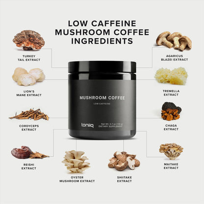 Toniiq Koffeinarmer Pilzkaffee – Ultrahochkonzentrierter 10:1 Extrakt – Kolumbianische Bohnen mit 10 Pilzmischung, Löwenmähne & Cordyceps – Funktionelle Kaffeealternative