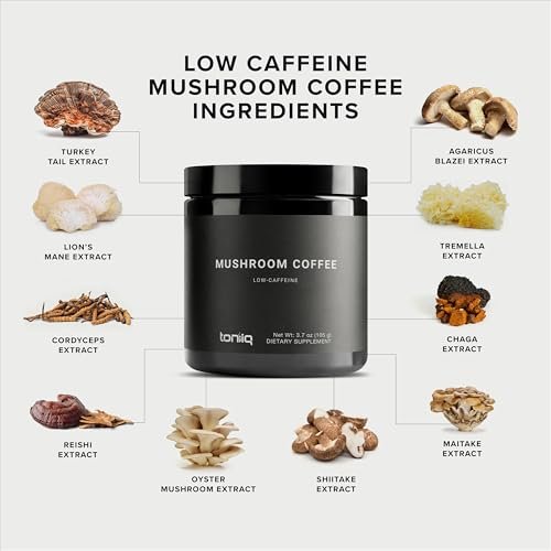 Toniiq Koffeinarmer Pilzkaffee – Ultrahochkonzentrierter 10:1 Extrakt – Kolumbianische Bohnen mit 10 Pilzmischung, Löwenmähne & Cordyceps – Funktionelle Kaffeealternative