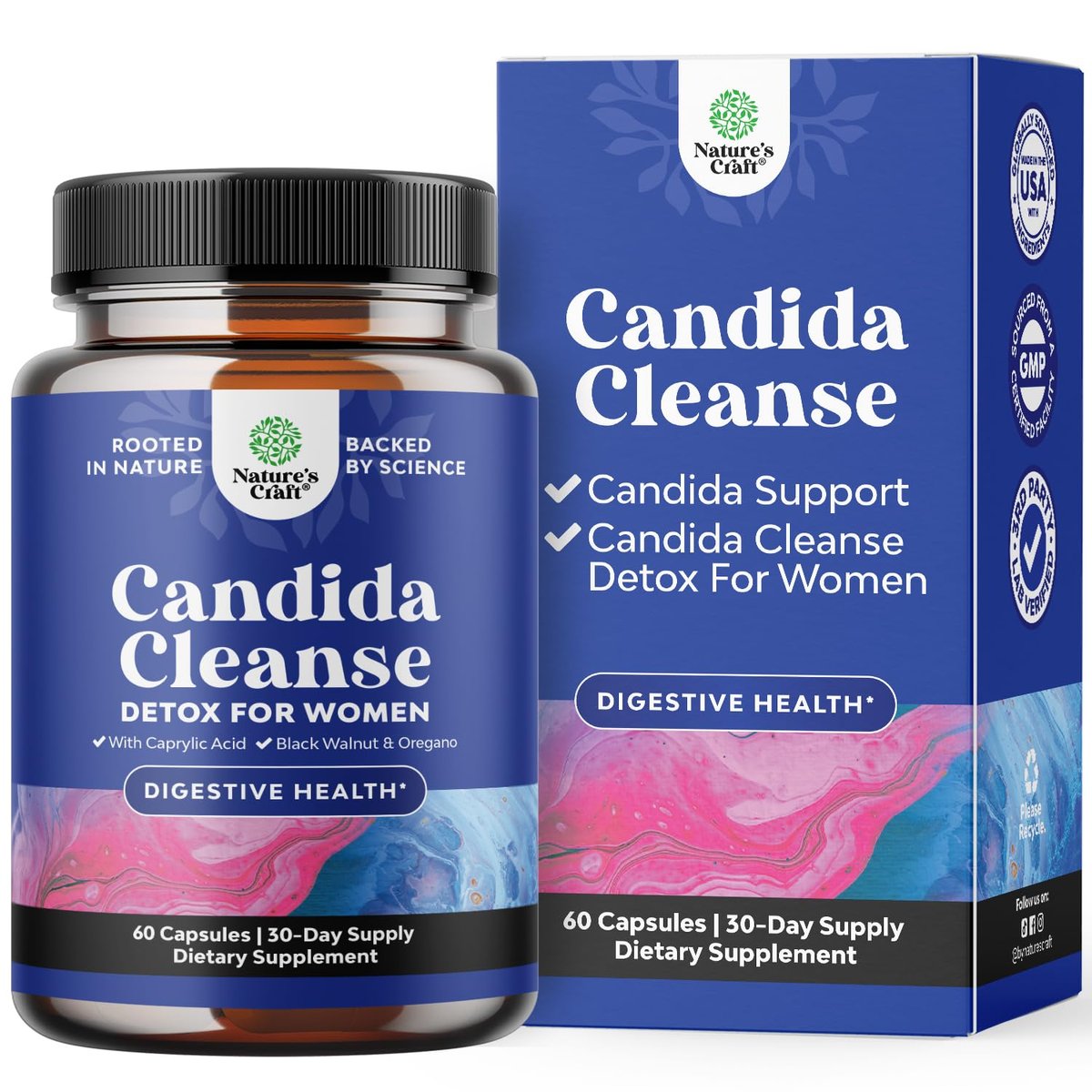 Natures Craft Candida Reinigung Körperentgiftung für Frauen - Anti-Überwucherung Darmreinigung mit Caprylsäure, Schwarznuss, Wermut und Oregano - Ganzkörperreinigung mit Prä- und Probiotika - 60 Kapseln