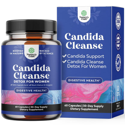 Natures Craft Candida Reinigung Körperentgiftung für Frauen - Anti-Überwucherung Darmreinigung mit Caprylsäure, Schwarznuss, Wermut und Oregano - Ganzkörperreinigung mit Prä- und Probiotika - 60 Kapseln