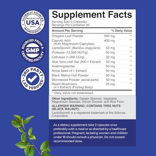 Natures Craft Candida Reinigung Körperentgiftung für Frauen - Anti-Überwucherung Darmreinigung mit Caprylsäure, Schwarznuss, Wermut und Oregano - Ganzkörperreinigung mit Prä- und Probiotika - 60 Kapseln