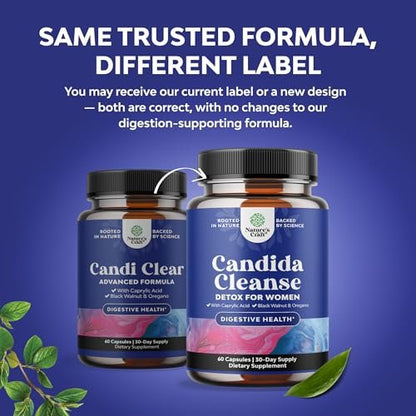 Natures Craft Candida Reinigung Körperentgiftung für Frauen - Anti-Überwucherung Darmreinigung mit Caprylsäure, Schwarznuss, Wermut und Oregano - Ganzkörperreinigung mit Prä- und Probiotika - 60 Kapseln