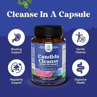 Natures Craft Candida Reinigung Körperentgiftung für Frauen - Anti-Überwucherung Darmreinigung mit Caprylsäure, Schwarznuss, Wermut und Oregano - Ganzkörperreinigung mit Prä- und Probiotika - 60 Kapseln