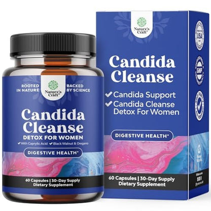 Natures Craft Candida Reinigung Körperentgiftung für Frauen - Anti-Überwucherung Darmreinigung mit Caprylsäure, Schwarznuss, Wermut und Oregano - Ganzkörperreinigung mit Prä- und Probiotika - 60 Kapseln