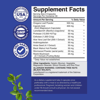 Natures Craft Candida Reinigung Körperentgiftung für Frauen - Anti-Überwucherung Darmreinigung mit Caprylsäure, Schwarznuss, Wermut und Oregano - Ganzkörperreinigung mit Prä- und Probiotika - 60 Kapseln