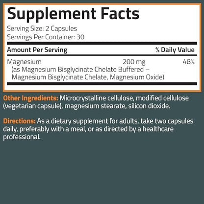 Bronson Magnesium Glycinat 200 mg – Hoch absorbierend, chelatisiert, gepuffert, magenschonend, Nicht-GVO, 60 vegane Kapseln
