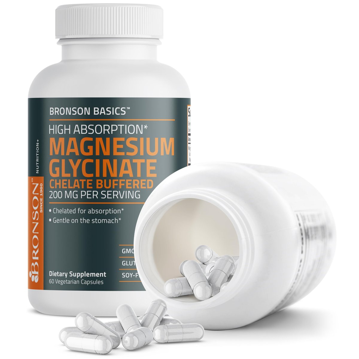Bronson Magnesium Glycinat 200 mg – Hoch absorbierend, chelatisiert, gepuffert, magenschonend, Nicht-GVO, 60 vegane Kapseln