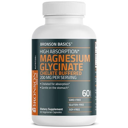 Bronson Magnesium Glycinat 200 mg – Hoch absorbierend, chelatisiert, gepuffert, magenschonend, Nicht-GVO, 60 vegane Kapseln