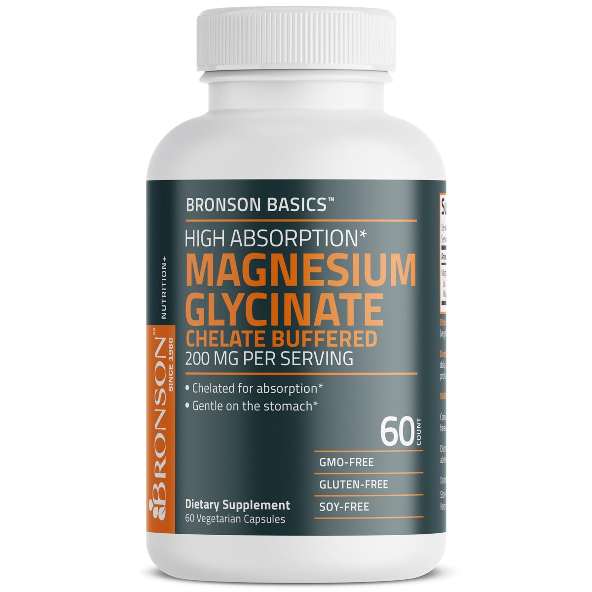 Bronson Magnesium Glycinat 200 mg – Hoch absorbierend, chelatisiert, gepuffert, magenschonend, Nicht-GVO, 60 vegane Kapseln
