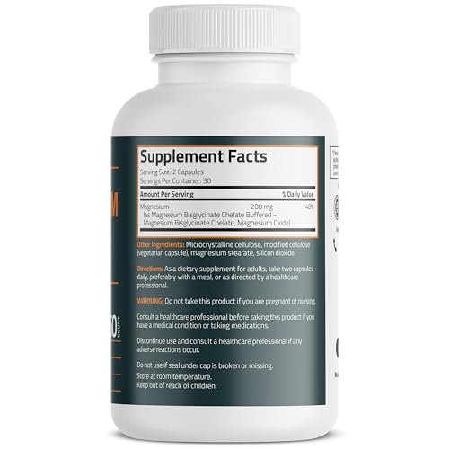 Bronson Magnesium Glycinat 200 mg – Hoch absorbierend, chelatisiert, gepuffert, magenschonend, Nicht-GVO, 60 vegane Kapseln