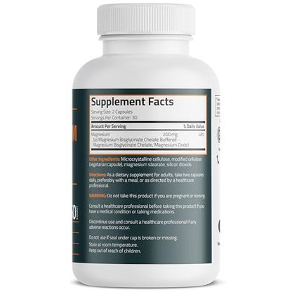 Bronson Magnesium Glycinat 200 mg – Hoch absorbierend, chelatisiert, gepuffert, magenschonend, Nicht-GVO, 60 vegane Kapseln