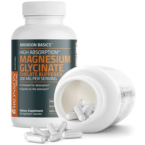 Bronson Magnesium Glycinat 200 mg – Hoch absorbierend, chelatisiert, gepuffert, magenschonend, Nicht-GVO, 60 vegane Kapseln