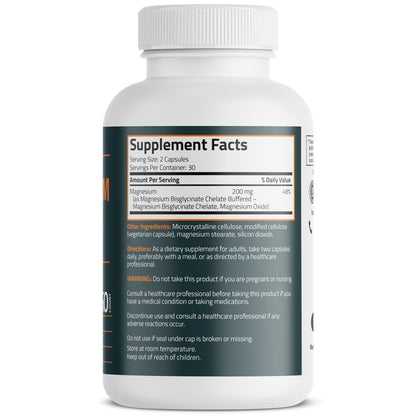 Bronson Magnesium Glycinat 200 mg – Hoch absorbierend, chelatisiert, gepuffert, magenschonend, Nicht-GVO, 60 vegane Kapseln