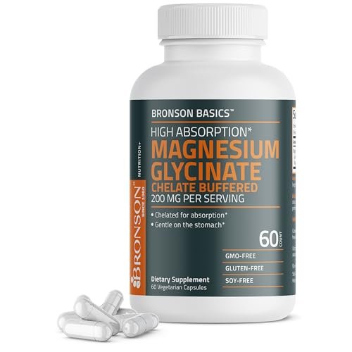 Bronson Magnesium Glycinat 200 mg – Hoch absorbierend, chelatisiert, gepuffert, magenschonend, Nicht-GVO, 60 vegane Kapseln