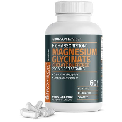 Bronson Magnesium Glycinat 200 mg – Hoch absorbierend, chelatisiert, gepuffert, magenschonend, Nicht-GVO, 60 vegane Kapseln