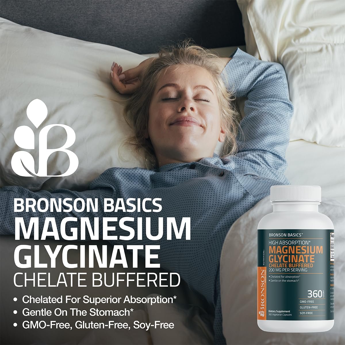 Bronson Magnesium Glycinat 200 mg – Hoch absorbierend, chelatisiert, gepuffert, magenschonend, Nicht-GVO, 60 vegane Kapseln