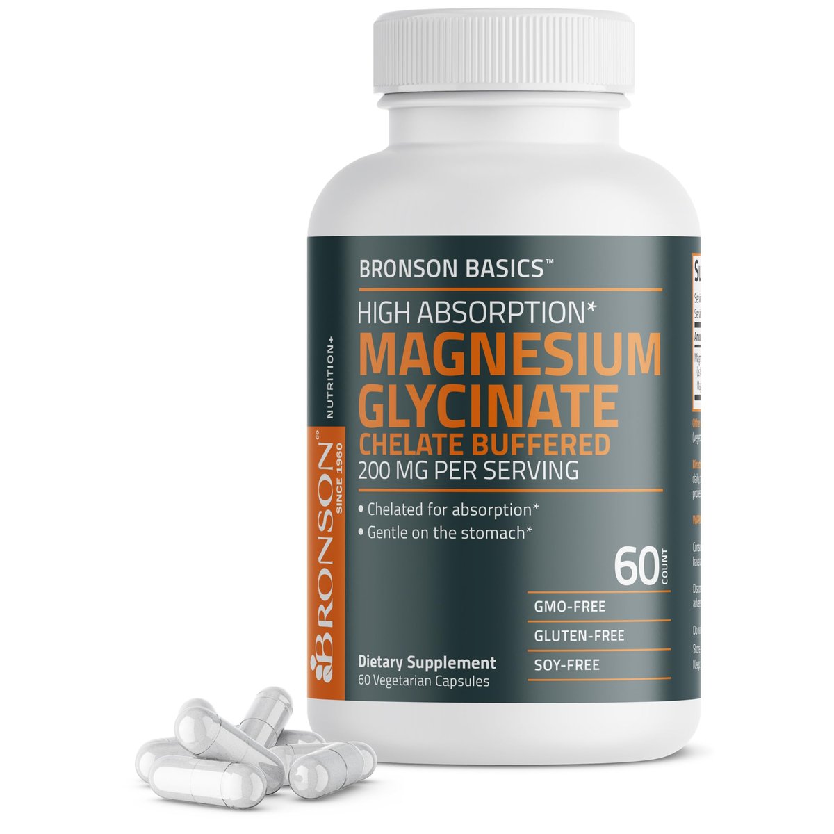 Bronson Magnesium Glycinat 200 mg – Hoch absorbierend, chelatisiert, gepuffert, magenschonend, Nicht-GVO, 60 vegane Kapseln