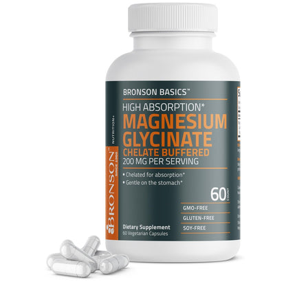 Bronson Magnesium Glycinat 200 mg – Hoch absorbierend, chelatisiert, gepuffert, magenschonend, Nicht-GVO, 60 vegane Kapseln