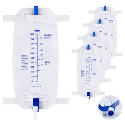 Geiserailie 5er-Pack 1000ml Beinbeutel für Urin Drainage mit Anti-Reflux-Ventil, 33,8 oz große Kapazität Urin Beinkatheter mit Stoffbändern, einfacher Ablasshahn, Urinkatheter für Männer und Frauen