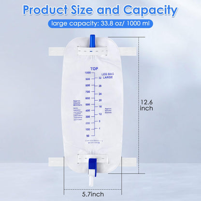 Geiserailie 5er-Pack 1000ml Beinbeutel für Urin Drainage mit Anti-Reflux-Ventil, 33,8 oz große Kapazität Urin Beinkatheter mit Stoffbändern, einfacher Ablasshahn, Urinkatheter für Männer und Frauen