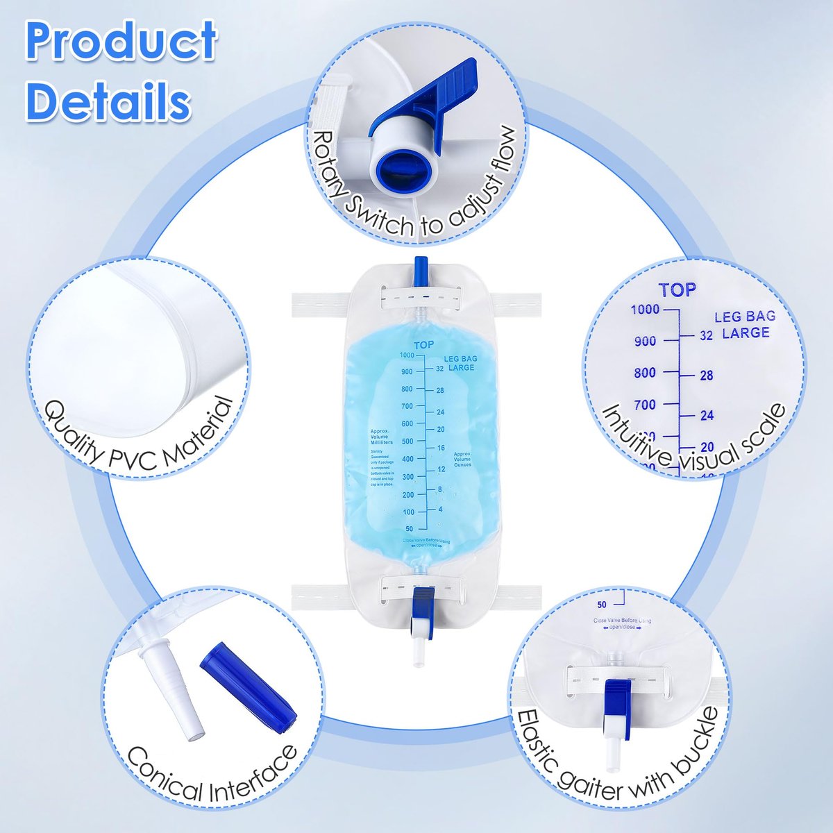 Geiserailie 5er-Pack 1000ml Beinbeutel für Urin Drainage mit Anti-Reflux-Ventil, 33,8 oz große Kapazität Urin Beinkatheter mit Stoffbändern, einfacher Ablasshahn, Urinkatheter für Männer und Frauen