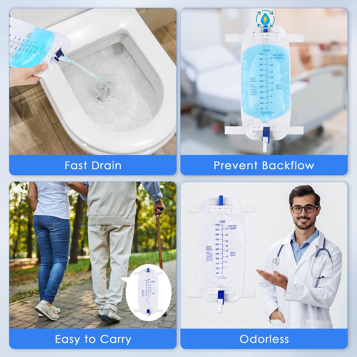 Geiserailie 5er-Pack 1000ml Beinbeutel für Urin Drainage mit Anti-Reflux-Ventil, 33,8 oz große Kapazität Urin Beinkatheter mit Stoffbändern, einfacher Ablasshahn, Urinkatheter für Männer und Frauen