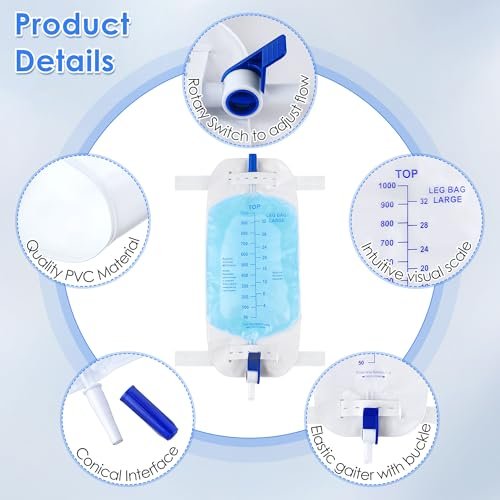 Geiserailie 5er-Pack 1000ml Beinbeutel für Urin Drainage mit Anti-Reflux-Ventil, 33,8 oz große Kapazität Urin Beinkatheter mit Stoffbändern, einfacher Ablasshahn, Urinkatheter für Männer und Frauen