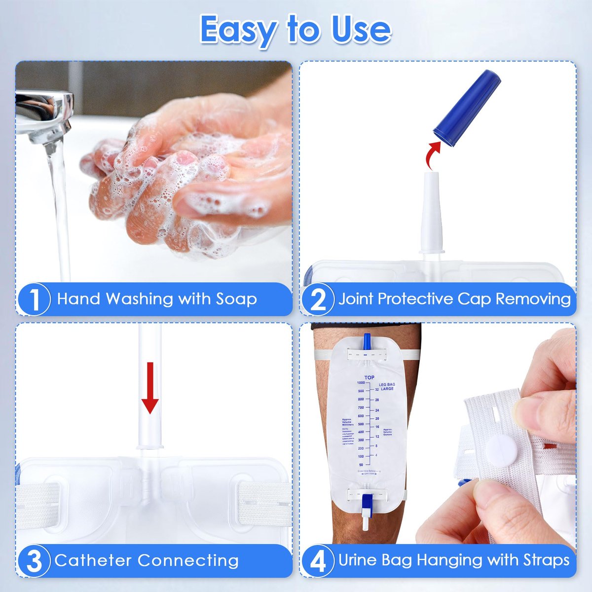 Geiserailie 5er-Pack 1000ml Beinbeutel für Urin Drainage mit Anti-Reflux-Ventil, 33,8 oz große Kapazität Urin Beinkatheter mit Stoffbändern, einfacher Ablasshahn, Urinkatheter für Männer und Frauen