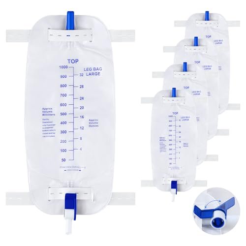 Geiserailie 5er-Pack 1000ml Beinbeutel für Urin Drainage mit Anti-Reflux-Ventil, 33,8 oz große Kapazität Urin Beinkatheter mit Stoffbändern, einfacher Ablasshahn, Urinkatheter für Männer und Frauen