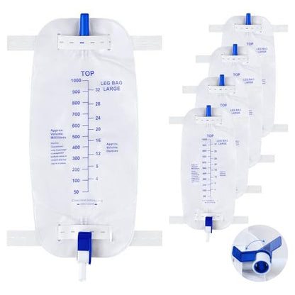 Geiserailie 5er-Pack 1000ml Beinbeutel für Urin Drainage mit Anti-Reflux-Ventil, 33,8 oz große Kapazität Urin Beinkatheter mit Stoffbändern, einfacher Ablasshahn, Urinkatheter für Männer und Frauen