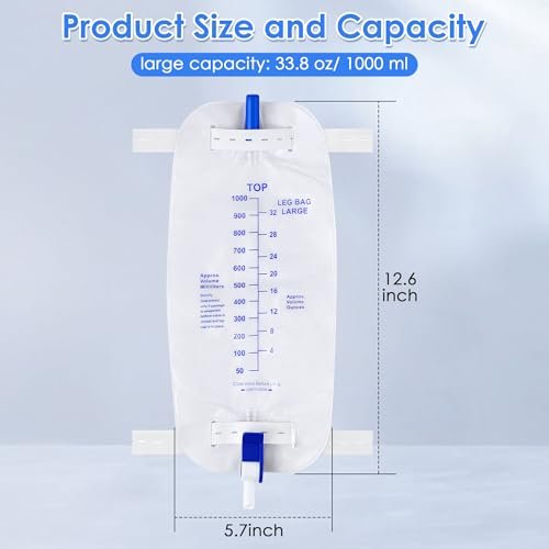Geiserailie 5er-Pack 1000ml Beinbeutel für Urin Drainage mit Anti-Reflux-Ventil, 33,8 oz große Kapazität Urin Beinkatheter mit Stoffbändern, einfacher Ablasshahn, Urinkatheter für Männer und Frauen