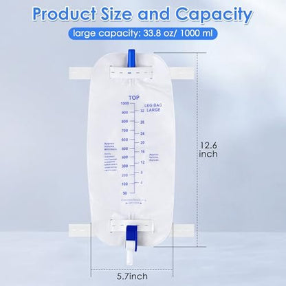 Geiserailie 5er-Pack 1000ml Beinbeutel für Urin Drainage mit Anti-Reflux-Ventil, 33,8 oz große Kapazität Urin Beinkatheter mit Stoffbändern, einfacher Ablasshahn, Urinkatheter für Männer und Frauen