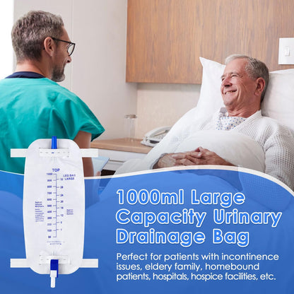 Geiserailie 5er-Pack 1000ml Beinbeutel für Urin Drainage mit Anti-Reflux-Ventil, 33,8 oz große Kapazität Urin Beinkatheter mit Stoffbändern, einfacher Ablasshahn, Urinkatheter für Männer und Frauen