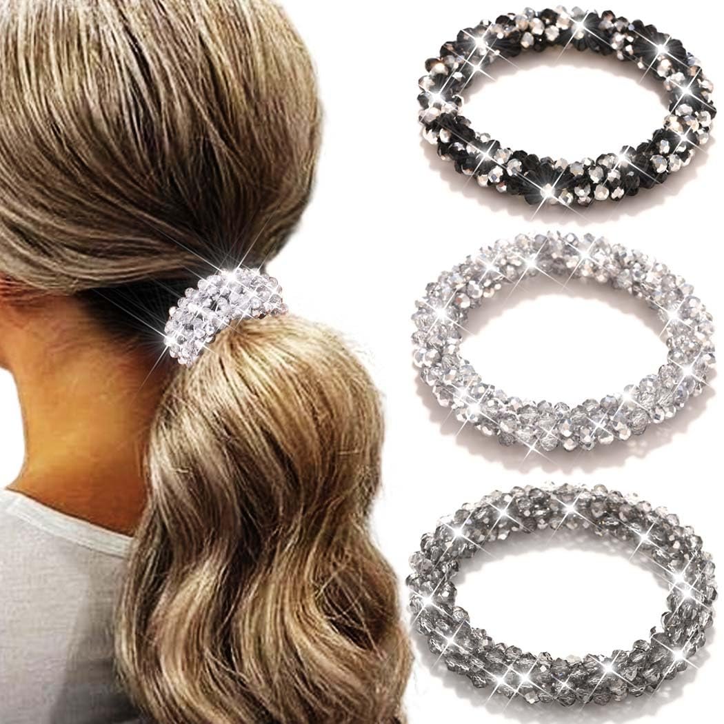 Fashey Strass-Haargummis Silber - Elastische Ponytail-Halter mit Kristallen - 3 Stück Haarschmuck für Frauen